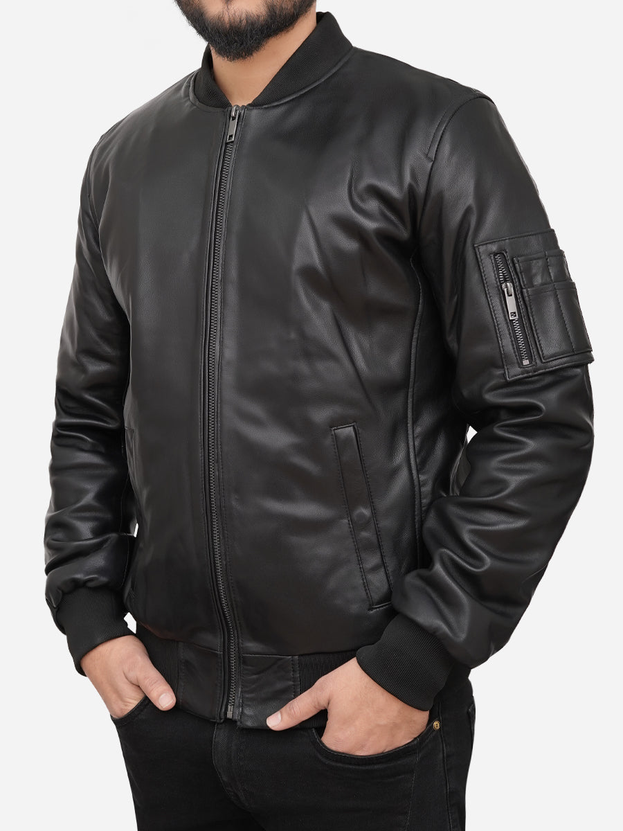 Griffin Black Bomber Leather Jacket