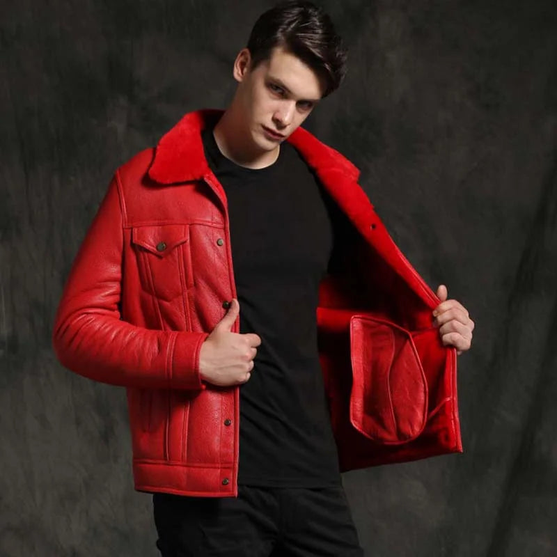 Mens Red Aviator Pilot Sheepskin Shearling B3 Bomber Leather Jacket Max Jackets