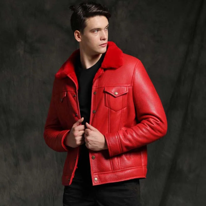 Mens Red Aviator Pilot Sheepskin Shearling B3 Bomber Leather Jacket Max Jackets