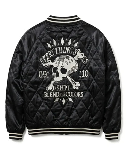 Halloween Skull and Crossbone Quilted Black Bomber Jacket