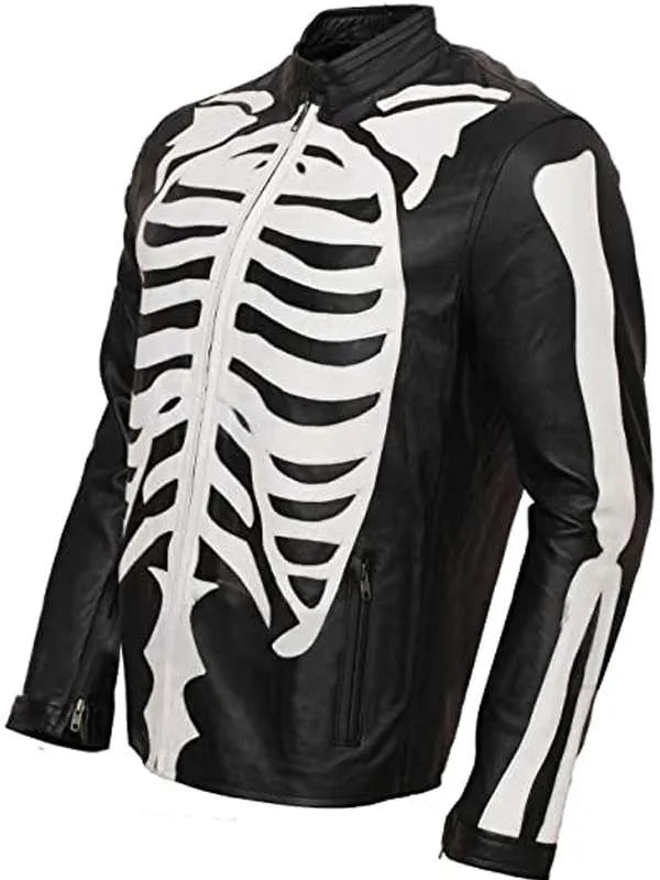 Halloween Party Skeleton Bones Black Leather Jacket Max Jackets