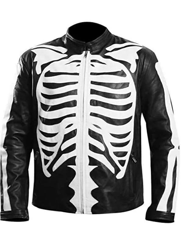 Halloween Party Skeleton Bones Black Leather Jacket Max Jackets