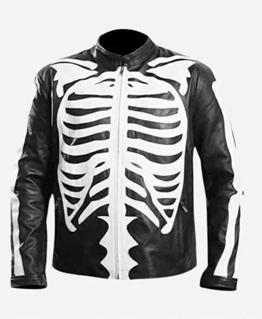 Halloween Skeleton Print Black Leather Jacket