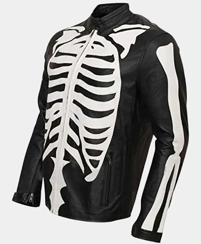 Halloween Skeleton Print Black Leather Jacket