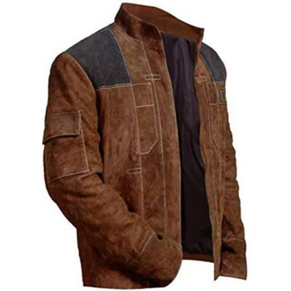 Vintage Brown Patched Biker Stripes Suede Leather Jacket for Men