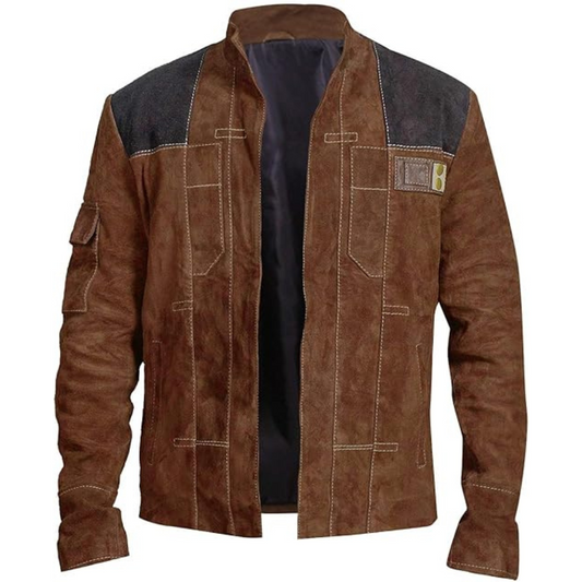 Vintage Brown Patched Biker Stripes Suede Leather Jacket for Men