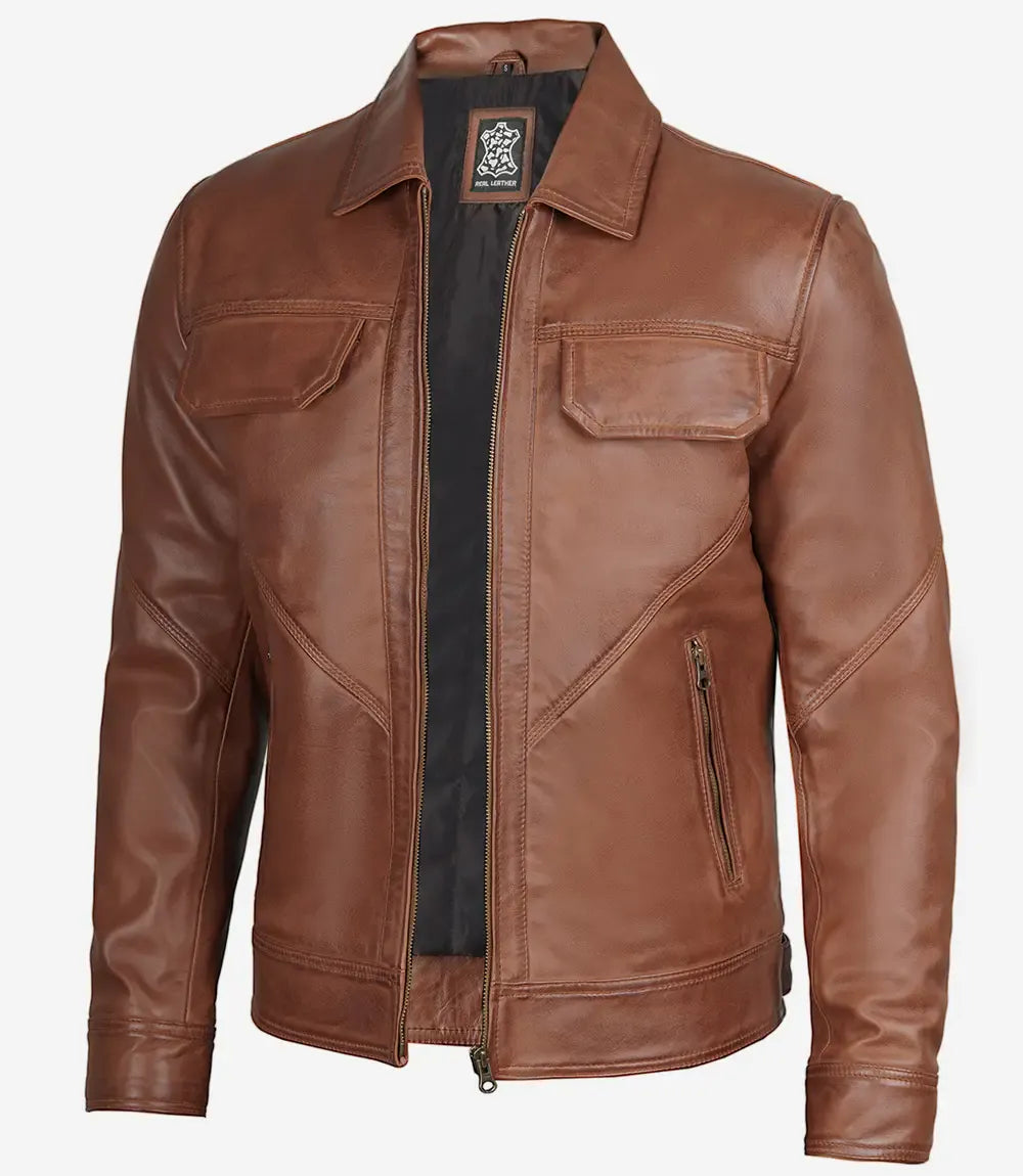 Men's Cognac Brown Lambskin Leather Jacket Shirt Collar
