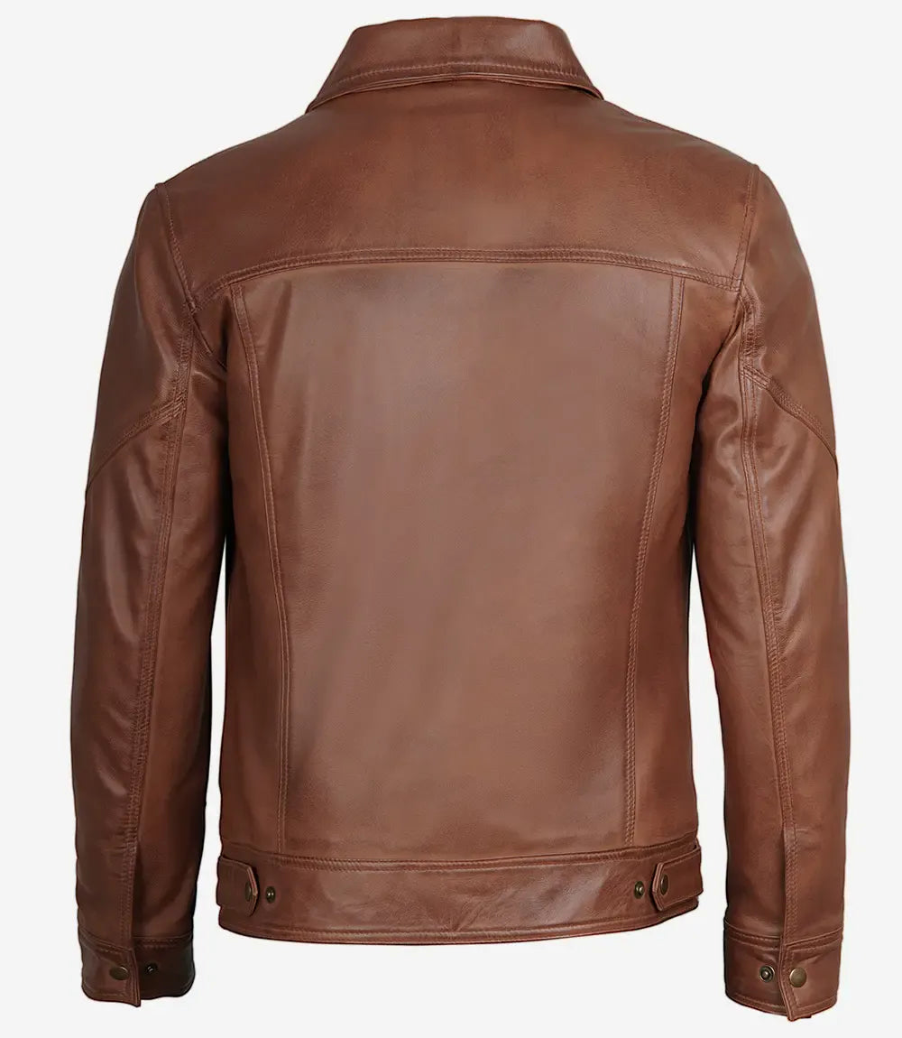 Men's Cognac Brown Lambskin Leather Jacket Shirt Collar