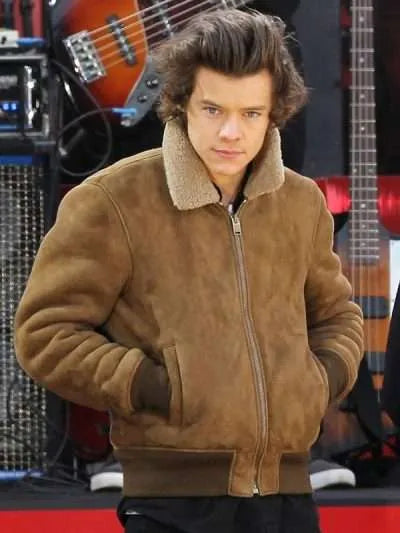 Harry Styles Suede Leather Bomber Jacket With Fur Collar