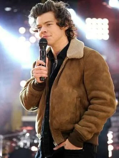 Harry Styles Suede Leather Bomber Jacket With Fur Collar