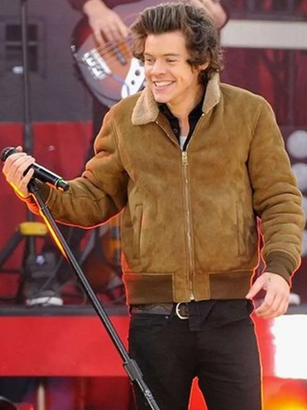 Harry Styles Suede Leather Bomber Jacket With Fur Collar