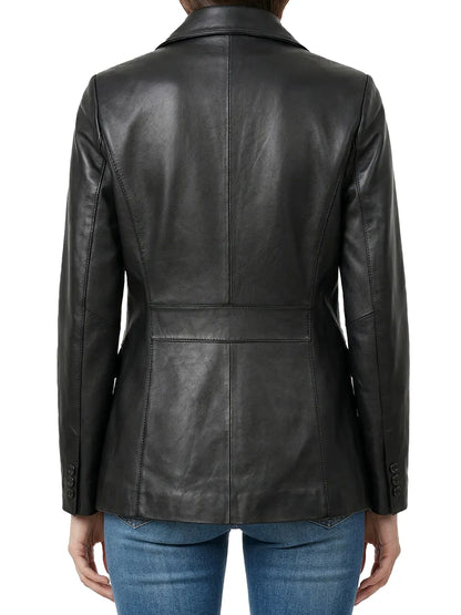 Hazel Women's Two Button Black Real Leather Blazer