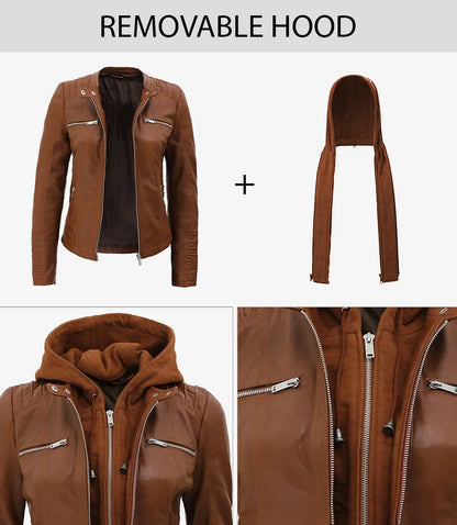 Helen Womens Cognac Leather Jacket with Removable Hood