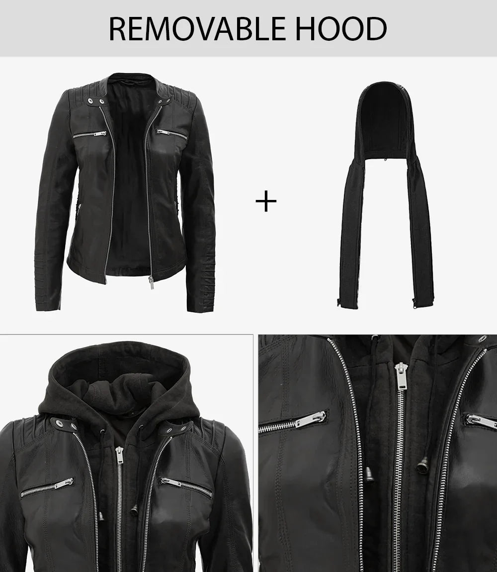Helen Womens Tall Black Leather Jacket with Removable Hood