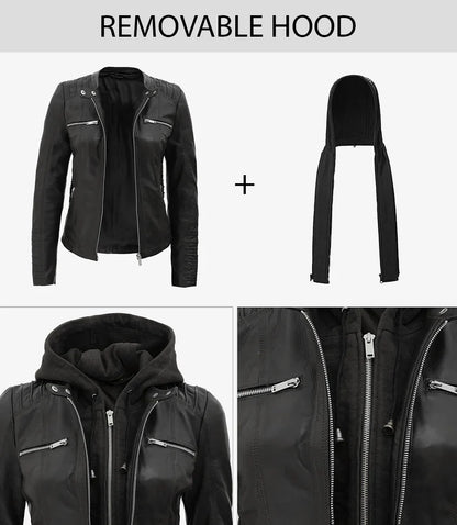 Helen Womens Tall Black Leather Jacket with Removable Hood