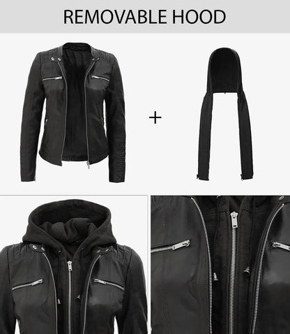 Women's Black Real Leather Jacket with Removable Hood