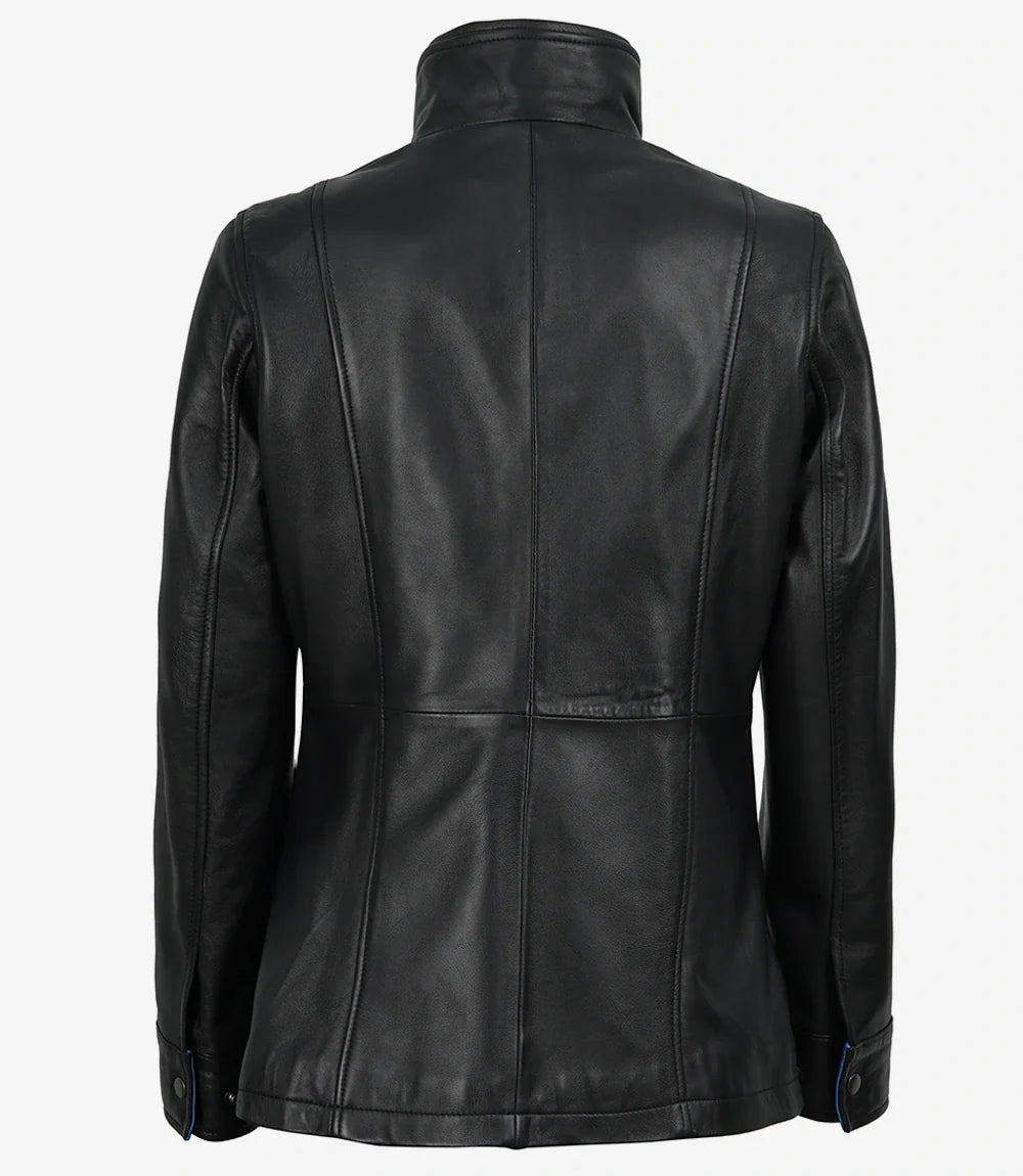 Erin Women's High-Collar Black Leather Jacket With Blue Waxed Details