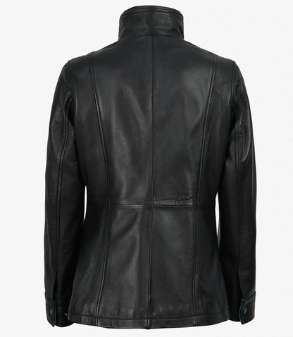 Erin Women's High-Collar Black Leather Jacket With Blue Waxed Details