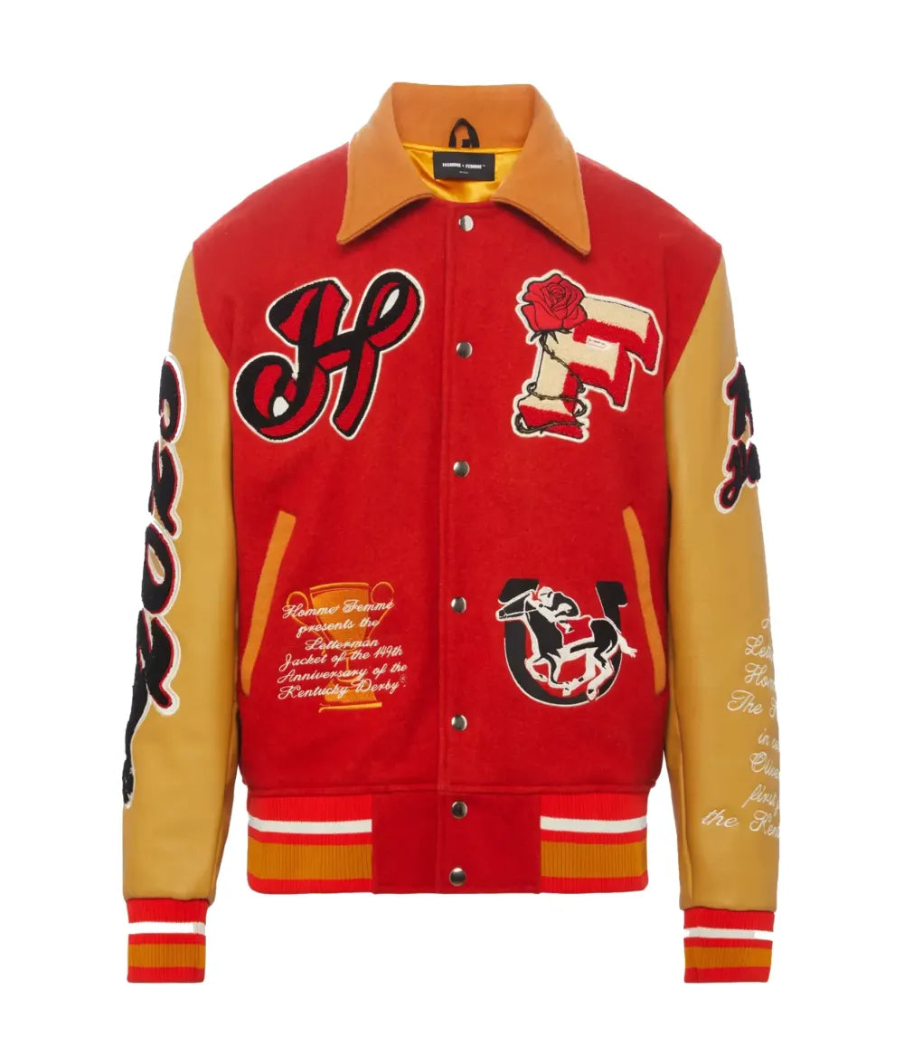 Homme+Femme Red & yellow Letterman Wool & Leather Varsity Jacket Max Jackets