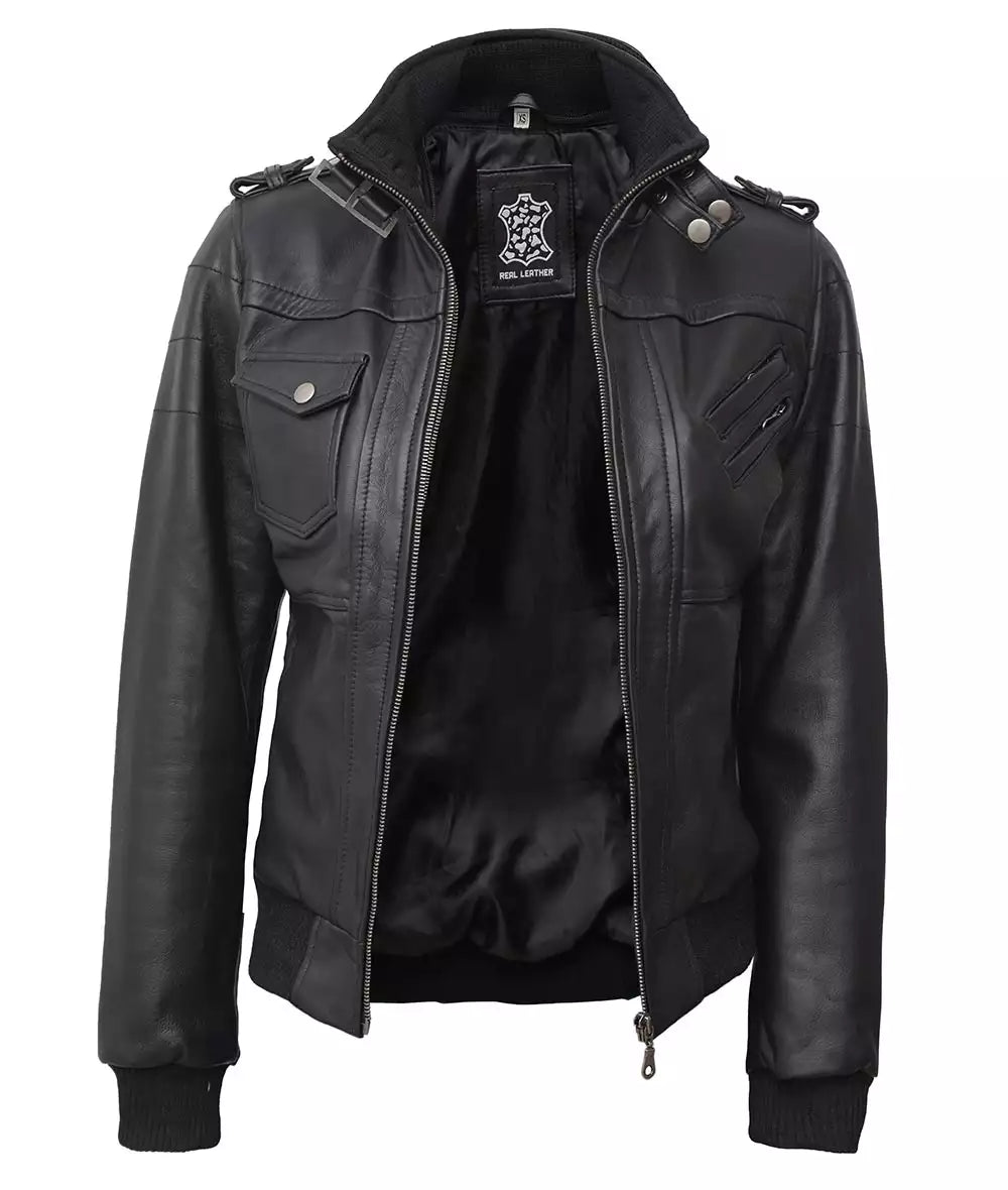 Womens Petite Black Leather Bomber Jacket With Removable Hood
