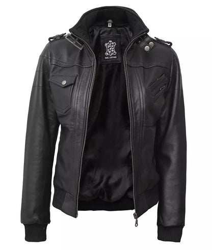 Womens Petite Black Leather Bomber Jacket With Removable Hood