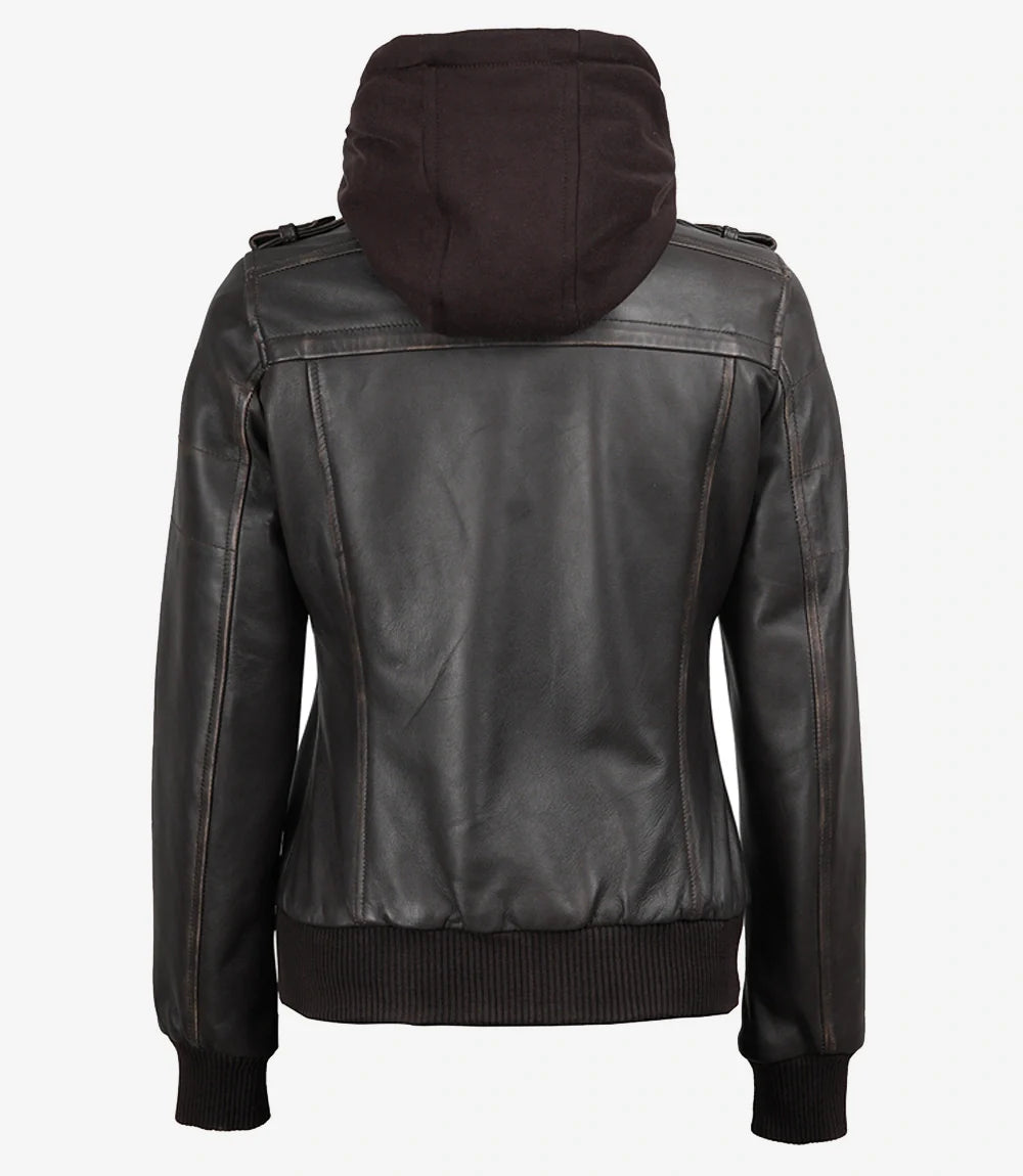 Womens Distressed Brown Hooded Bomber Leather Jacket