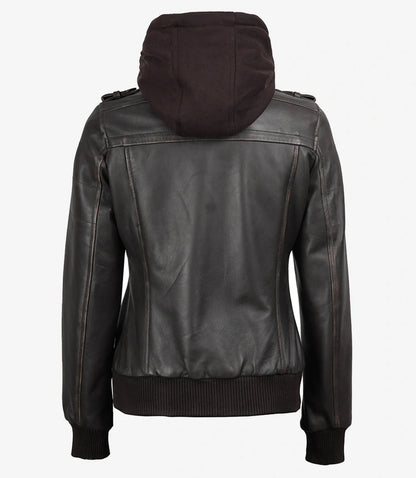 Womens Distressed Brown Hooded Bomber Leather Jacket