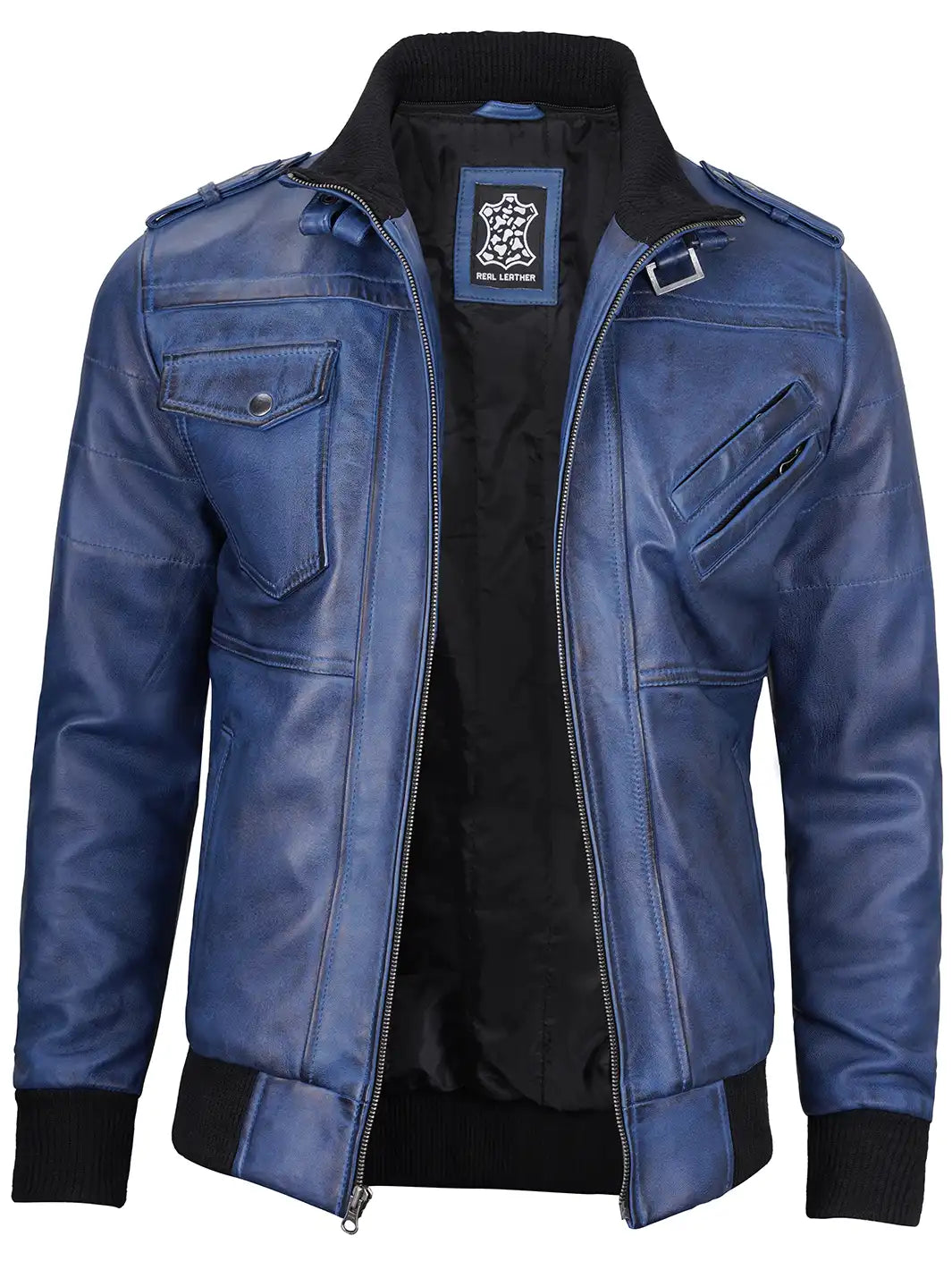 Men's Blue Wax Lambskin Bomber Jacket with Removable Hood