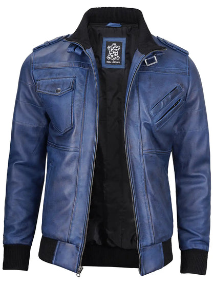Men's Blue Wax Lambskin Bomber Jacket with Removable Hood