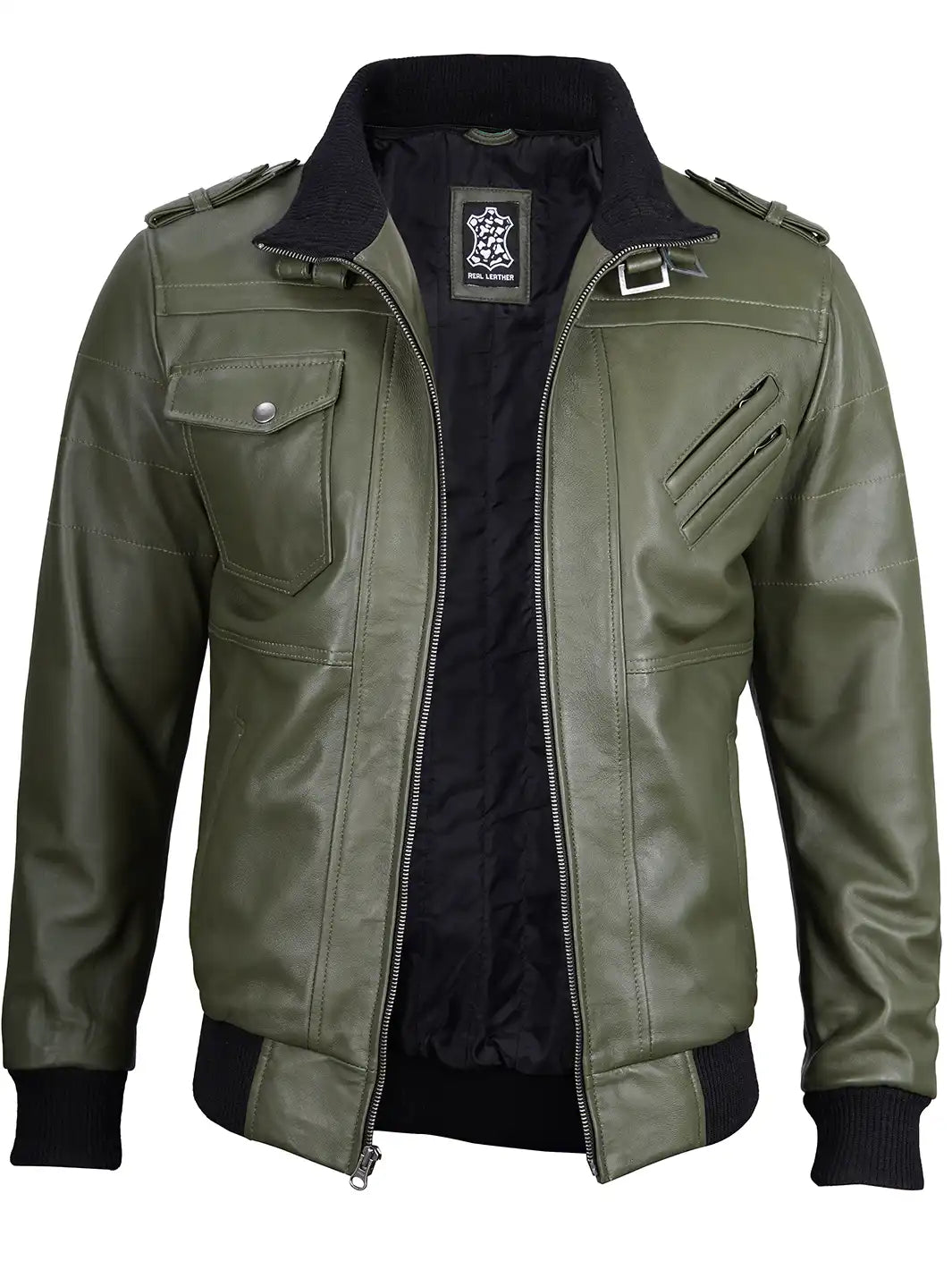 Men's Military Green Leather Jacket with Removable Hood