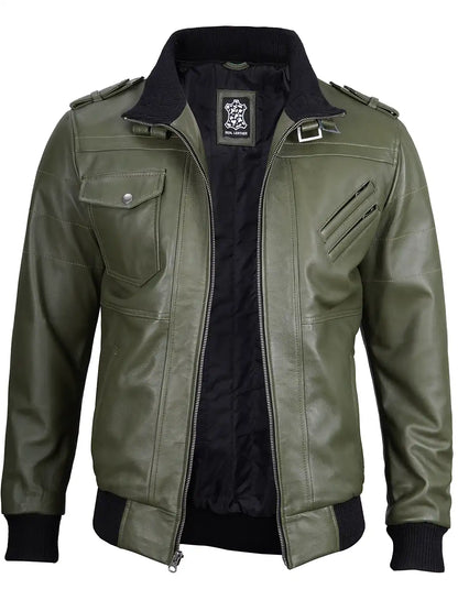 Men's Military Green Leather Jacket with Removable Hood