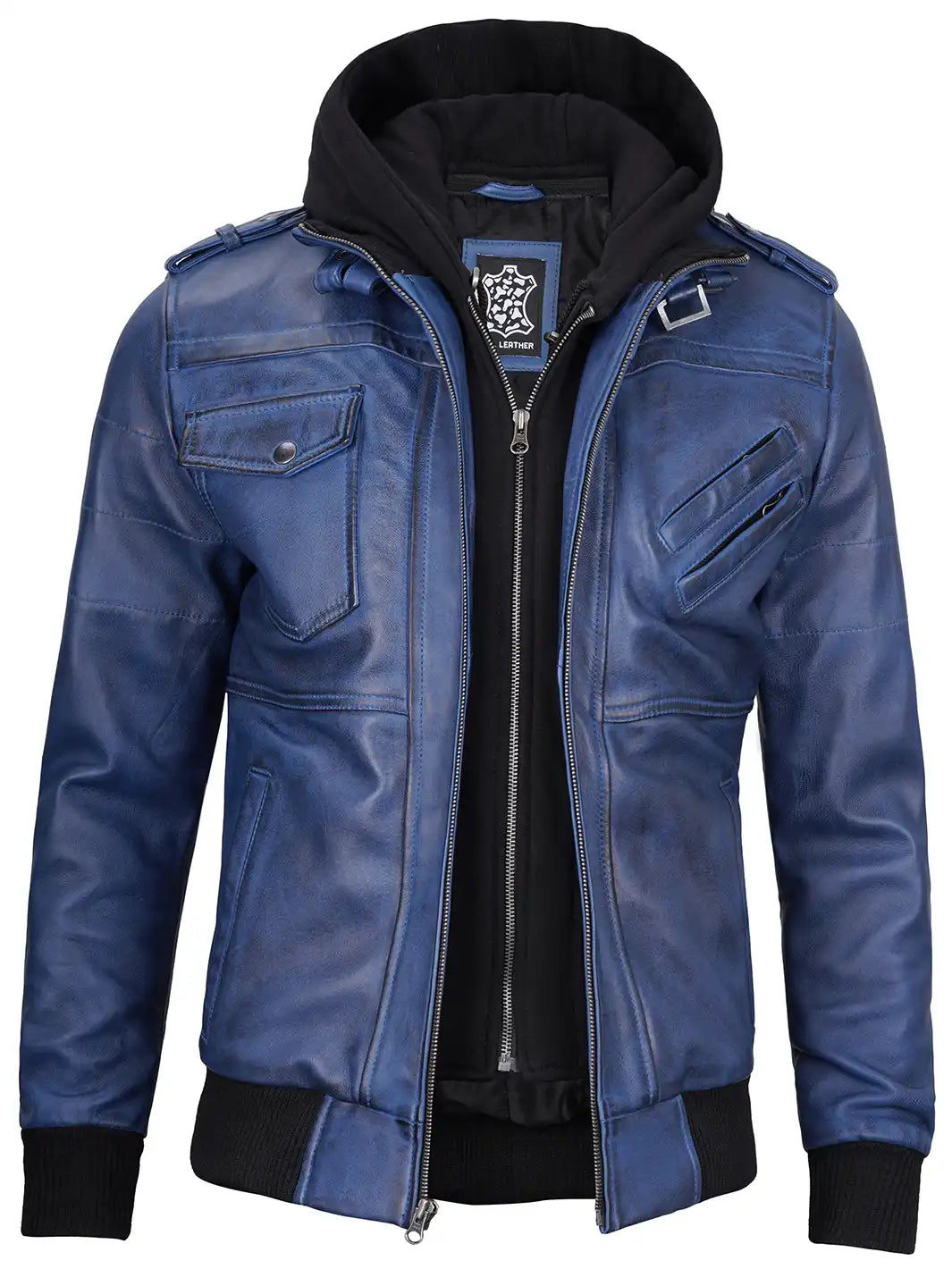 Men's Blue Wax Lambskin Bomber Jacket with Removable Hood