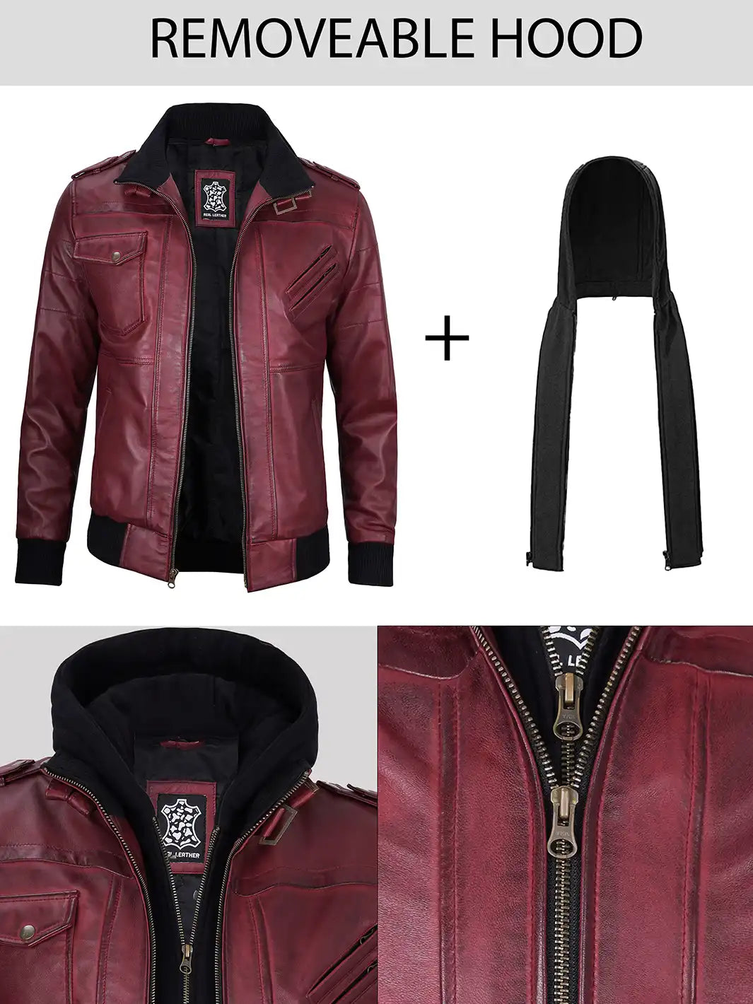 Men's Burgundy Lambskin Bomber Jacket with Removable Hood