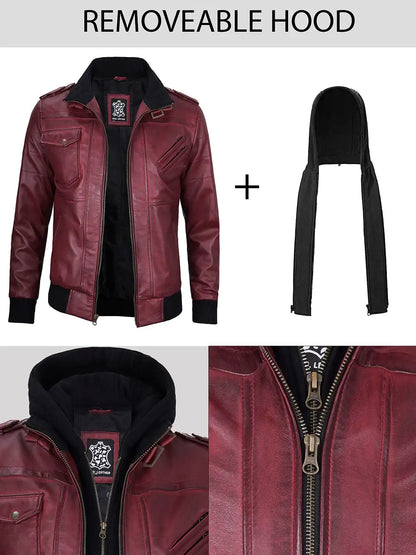 Men's Burgundy Lambskin Bomber Jacket with Removable Hood