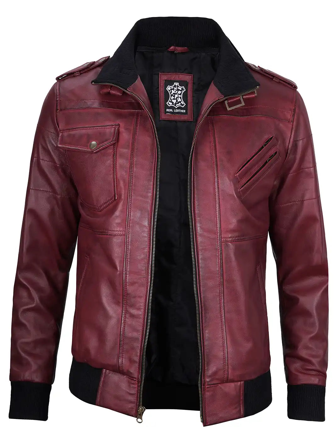Men's Burgundy Lambskin Bomber Jacket with Removable Hood