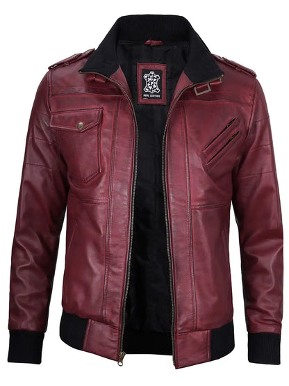 Men's Burgundy Lambskin Bomber Jacket with Removable Hood