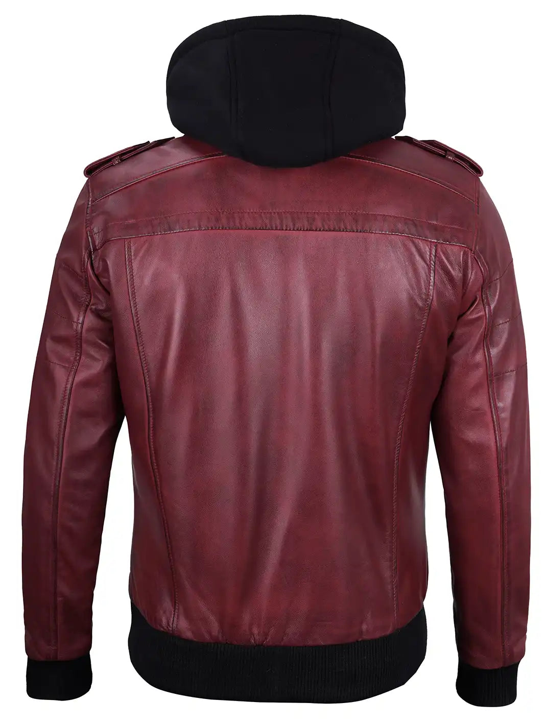 Men's Burgundy Lambskin Bomber Jacket with Removable Hood