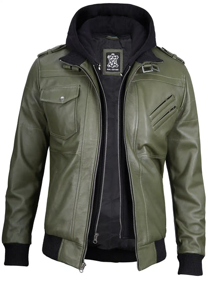Men's Military Green Leather Jacket with Removable Hood