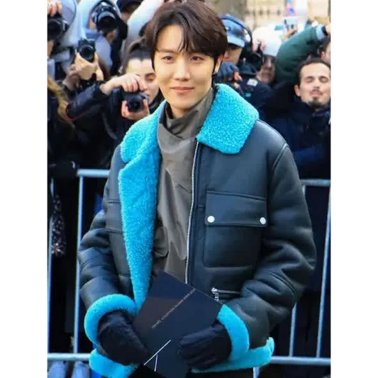 J-Hope Black and Blue Shearling Leather Jacket