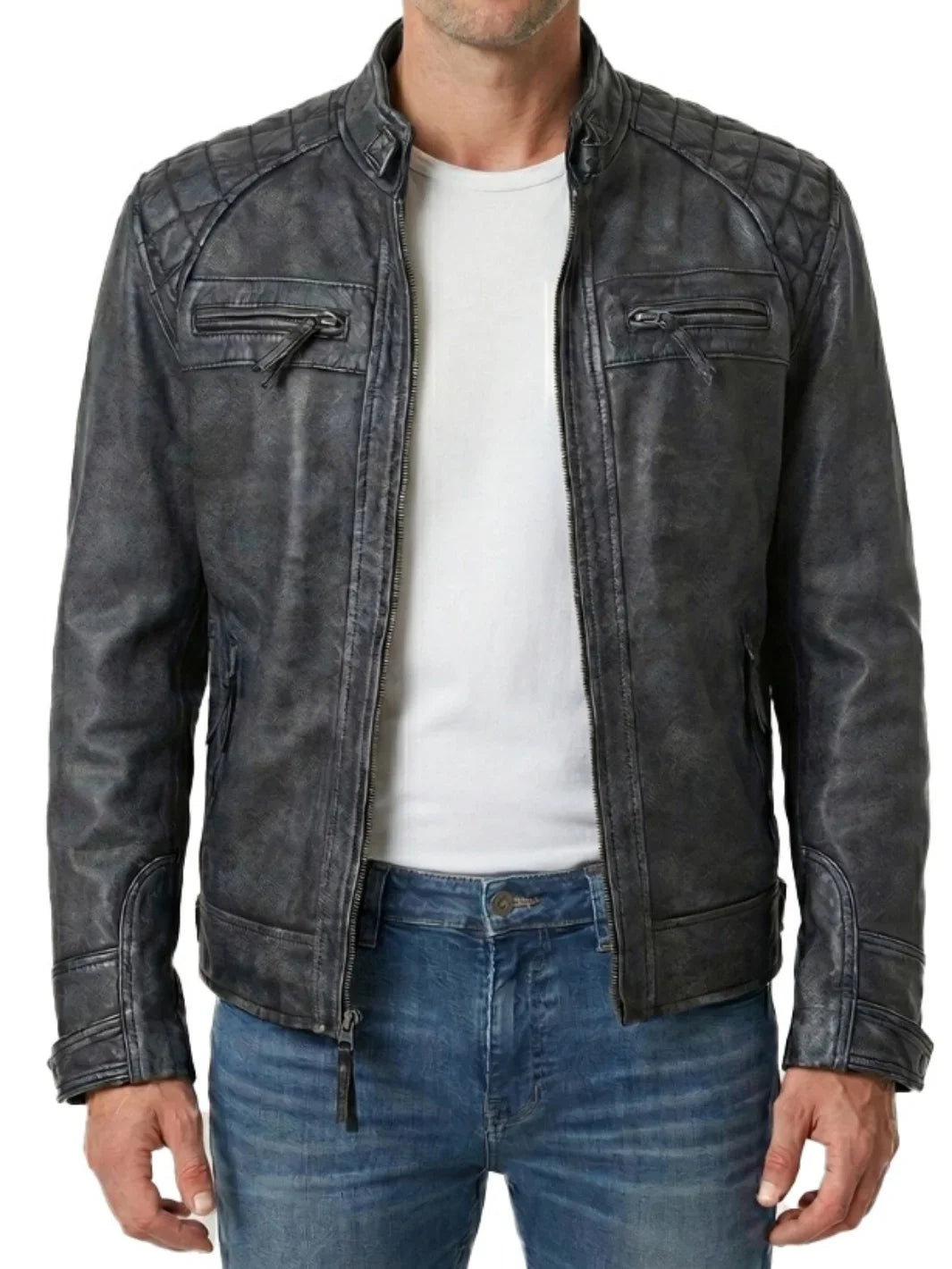 Johnson Men's Black Distressed Washed Leather Biker Jacket