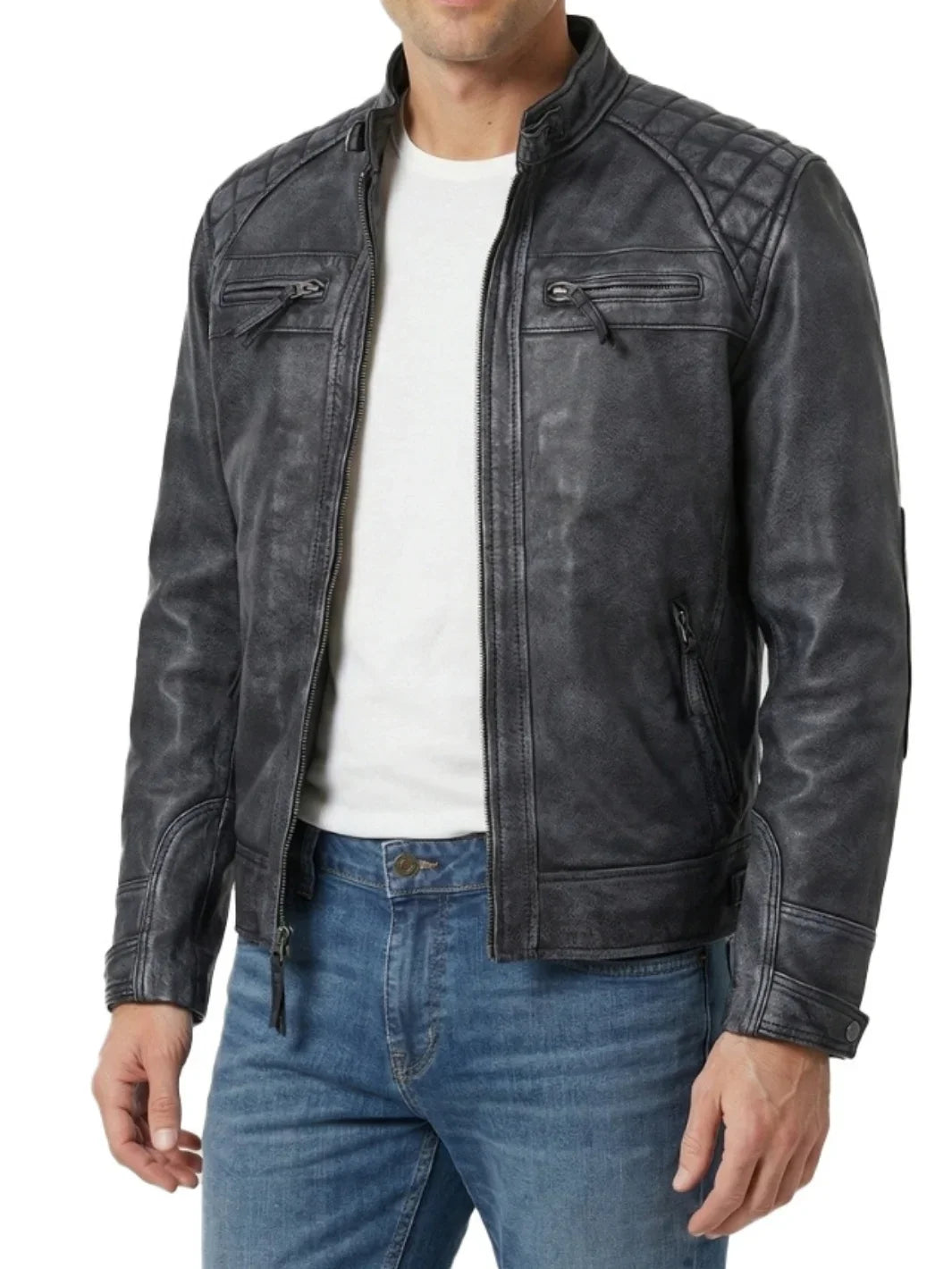 Johnson Men's Black Distressed Washed Leather Biker Jacket