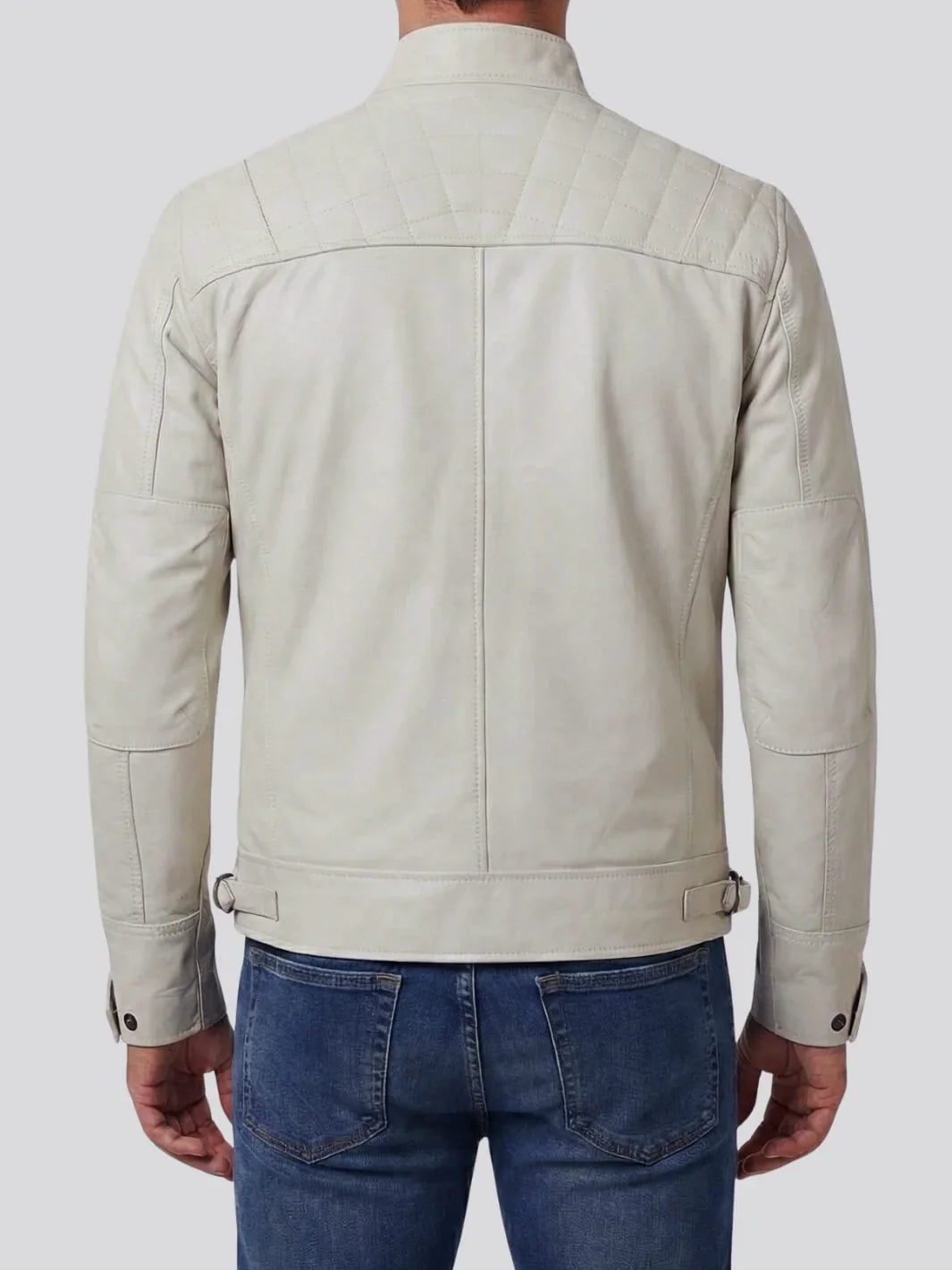 Johnson Men's Off-White Quilted Cafe Racer Leather Jacket