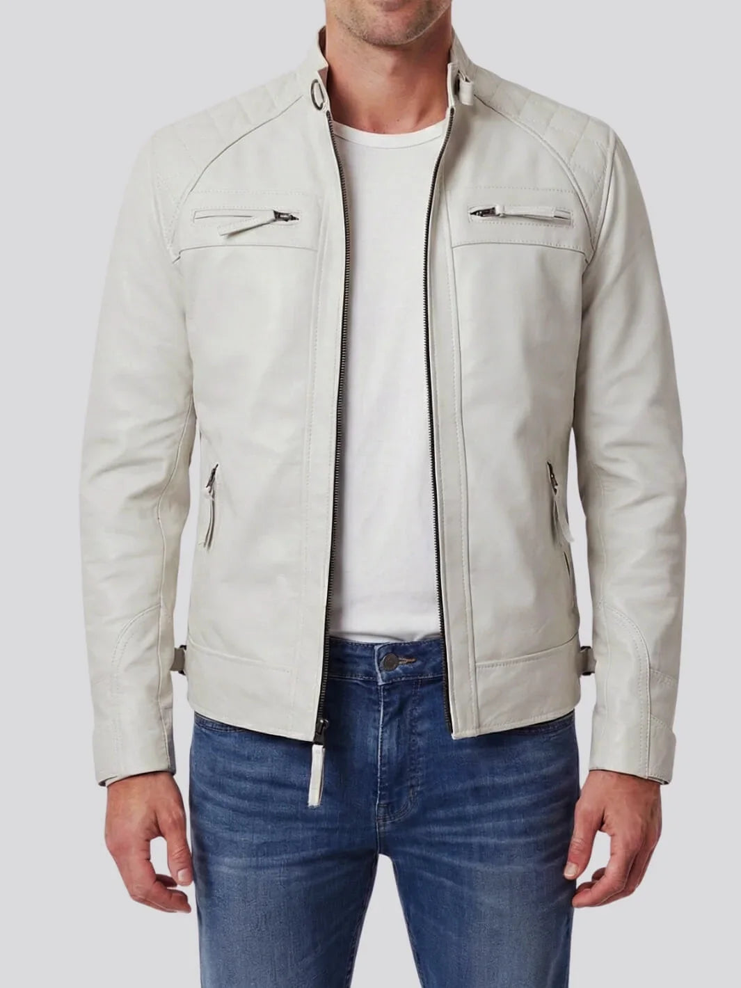 Johnson Men's Off-White Quilted Cafe Racer Leather Jacket
