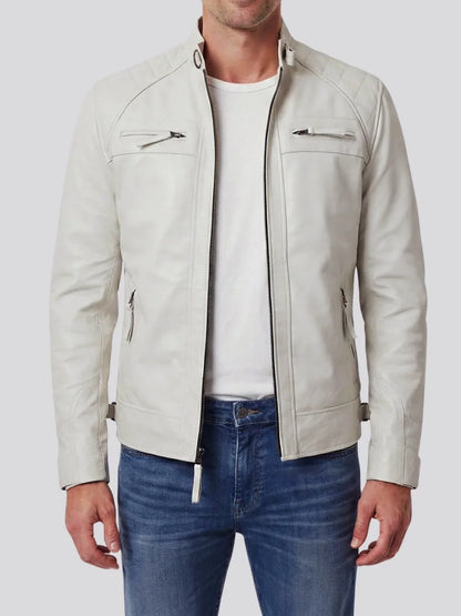 Johnson Men's Off-White Quilted Cafe Racer Leather Jacket