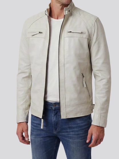 Johnson Men's Off-White Quilted Cafe Racer Leather Jacket