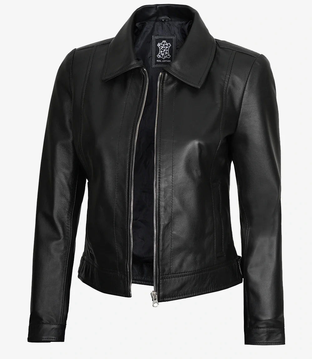Womens Shirt Collar Black Leather Jacket