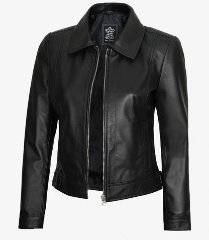 Womens Shirt Collar Black Leather Jacket