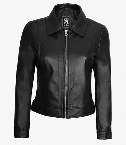 Womens Shirt Collar Black Leather Jacket