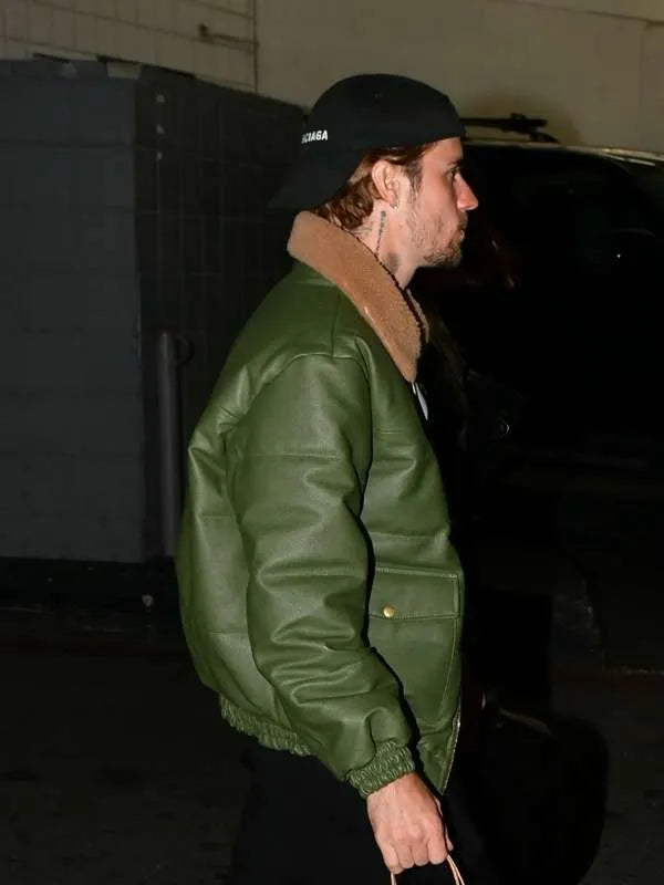 Justin Bieber 2024 Green Leather Jacket Max Jackets