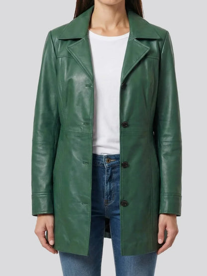 Women's Green Leather Car Coat
